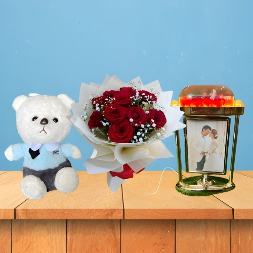 Sweet Memories Collection with Small Teddy, Red Rose Bouquet & LED Light Frame