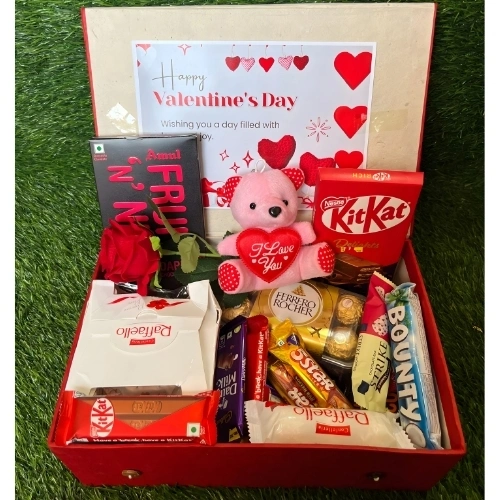 Love in a Box Romantic Combo with Premium Chocolates, Cute Teddy Bear & Single Red Rose